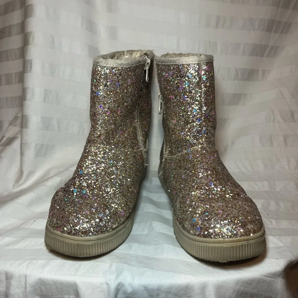 Cat & Jack Kids Champagne Gold Star Glitter Side Zip Faux Fur Lined Boots Size 3